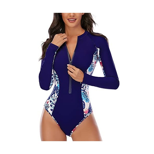 Ruuione Womens One-Piece Long Sleeve Sports Surfing Swimsuit Chest with Zip Swimwear,2Orchid,XXL 44 
