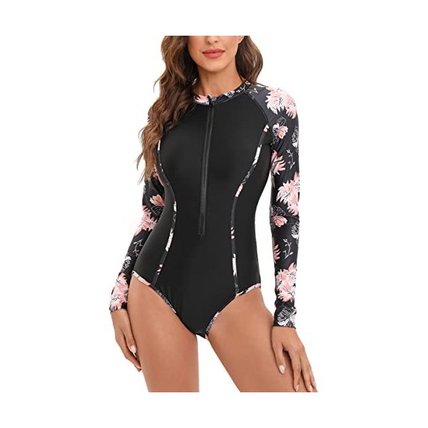 Ruuione Womens One-Piece Long Sleeve Sports Surfing Swimsuit Chest with Zip Swimwear,2Orchid,XXL 44 