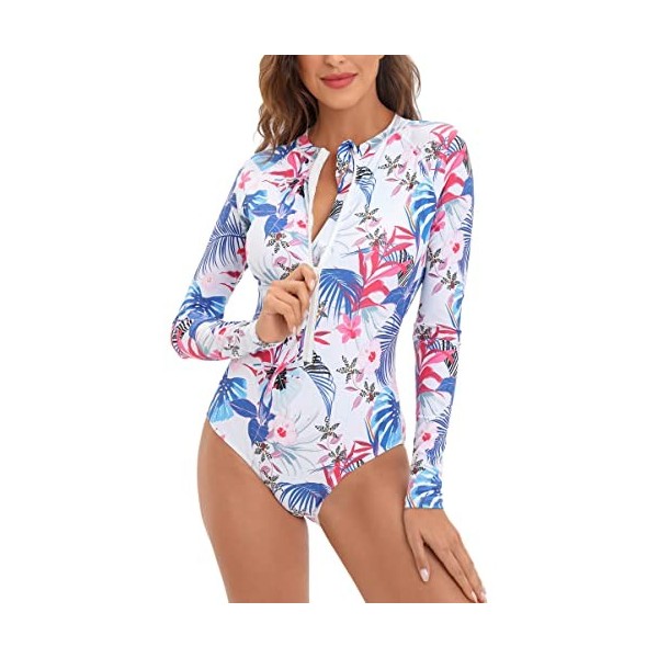 Ruuione Womens One-Piece Long Sleeve Sports Surfing Swimsuit Chest with Zip Swimwear,2Orchid,XXL 44 