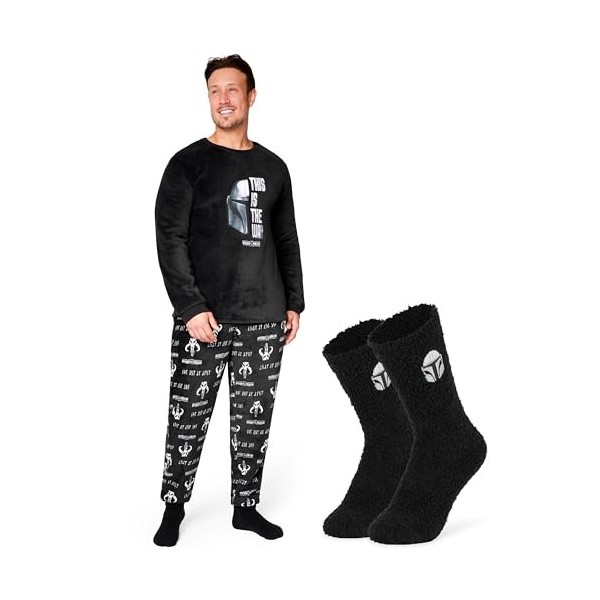 Disney The Mandalorian Pyjama Homme en Polaire M-2XL, Ensemble Pyjama et Chaussettes Pilou Pilou, Idée Cadeau Geek Homme Noi