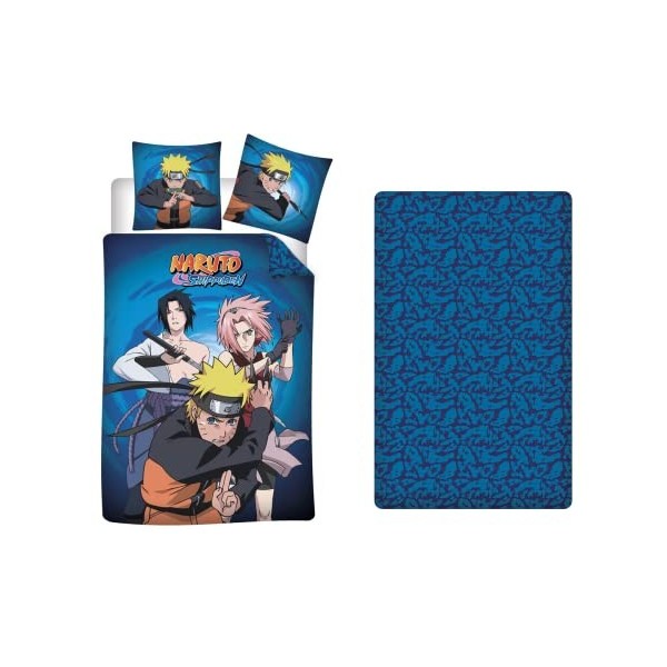 Aymax Parure de lit 3 Pièces Naruto - Housse de Couette 140x200 cm + Taie doreiller 63x63 cm + Drap-Housse Assorti 90x190 cm
