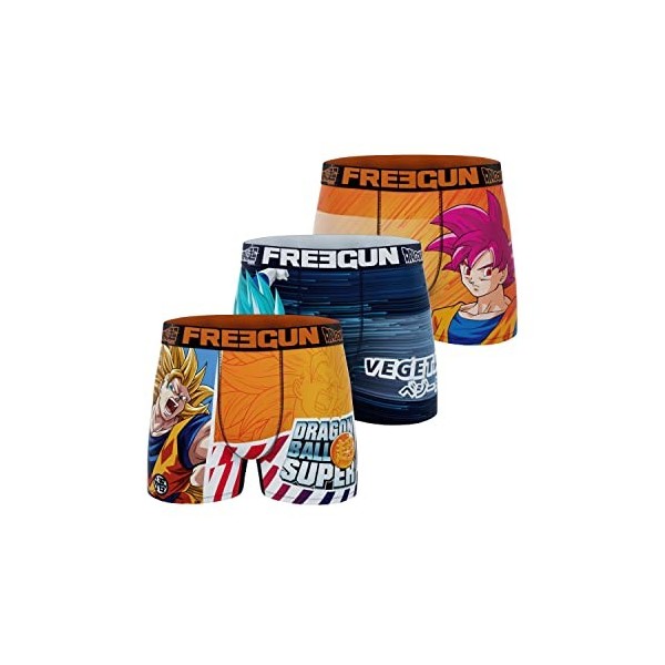 FREEGUN Boxer Enfant Dragon Ball Super, Caleçon Garçon Goku et Vegeta Lot de 3 , Orange, Bleu, Jaune, Rouge, Taille 8/10 Ans