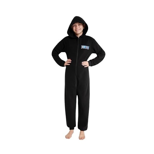 One Piece Pyjama Combinaison Enfant Garcon Surpyjama Garcon Grenouillère en Polaire Onesie Enfant Anime 7-14 Ans Noir, 9-10 