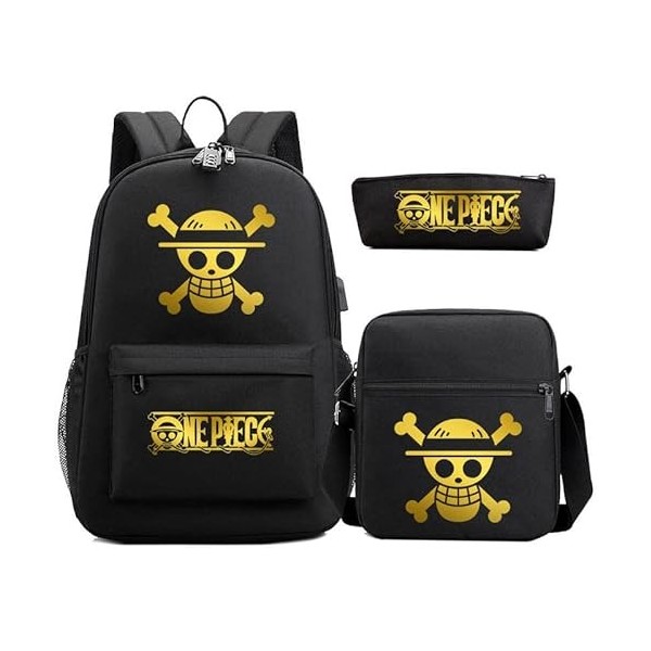 Anime One Piece Sac À Dos 3 Pièces Antivol Serrure Adolescent Étudiant Cartable École Luffy Voyage Sac À Dos Ensemble Sac À B