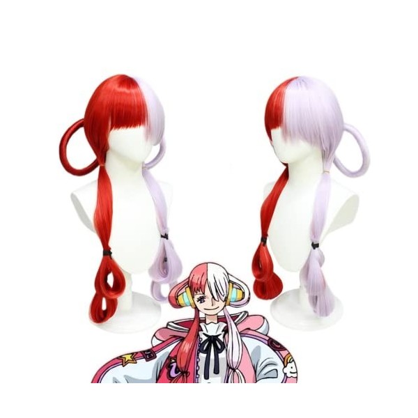 Anime One Piece Cosplay Perruque, Shanks Fille Uta Rouge et Violet Longues Perruques Bouclées + Bonnet de Perruque, pour la F
