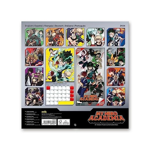 Grupo Erik - Calendrier Mural 2024 My Hero Academia | Calendrier Mensuel 30 x 60 cm, Certifié FSC, en Français