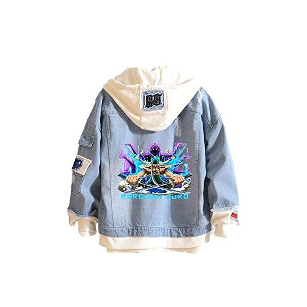 YZJYB Unisexe Japonais One Piece Anime Veste à Capuche Cosplay Roronoa Zoro Veste en Jean Anime Sweat Costume Décontracté Swe