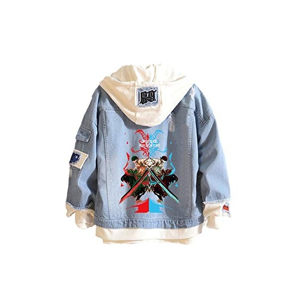 YZJYB Unisexe Japonais One Piece Anime Veste à Capuche Cosplay Roronoa Zoro Veste en Jean Anime Sweat Costume Décontracté Swe