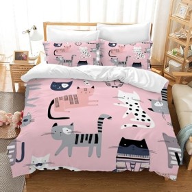 Hoimlm Parure de lit chaton 220 x 240 cm pour fille garçon Motif chaton mignon 3D Parure de lit pour enfants avec housse de c