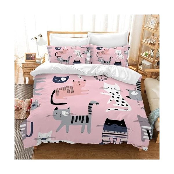 Hoimlm Parure de lit chaton 220 x 240 cm pour fille garçon Motif chaton mignon 3D Parure de lit pour enfants avec housse de c