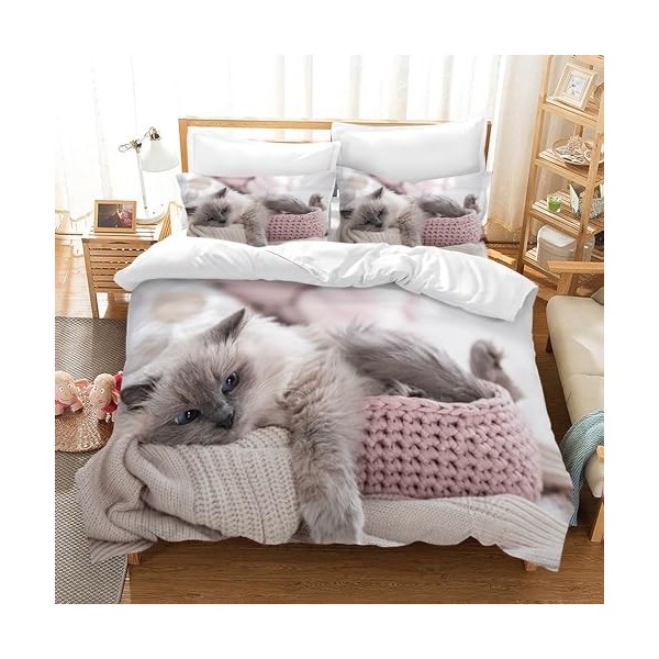 Hoimlm Parure de lit chaton 220 x 240 cm pour fille garçon Motif chaton mignon 3D Parure de lit pour enfants avec housse de c