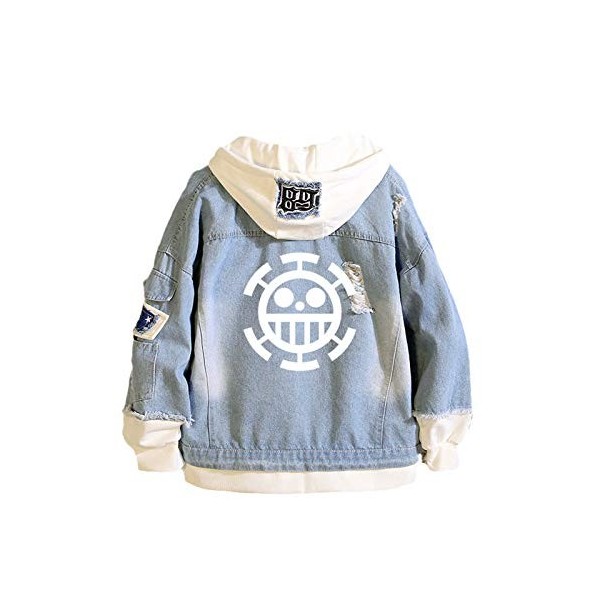 YZJYB Veste en Jean One Piece Manga Faux Deux Unisex Sweat à Capuche Anime Trafalgar Law Sweatshirt-Shirt Jeansjacket Cosplay