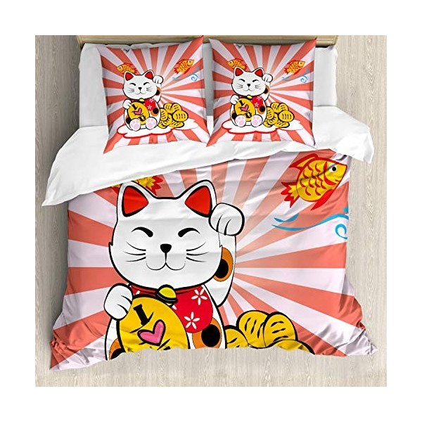 ABAKUHAUS Japonais Ensemble de Housse de Couette, Starburst Lines Cat, Décoratif, 3 Pièces avec 2 Taies doreiller, 155 cm x 