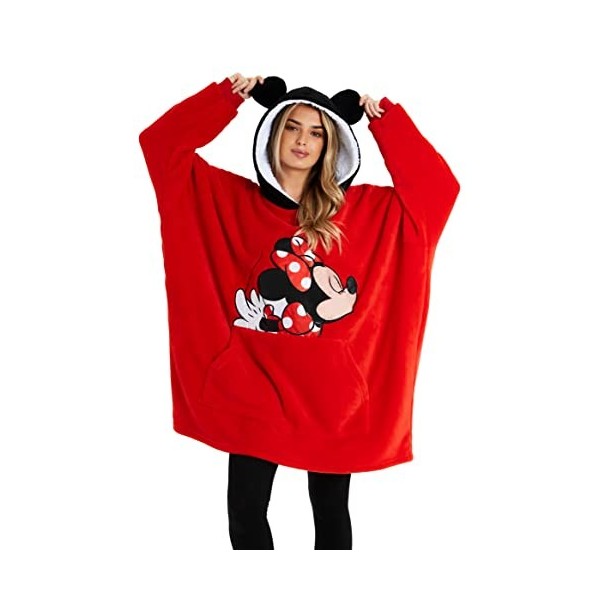 Disney Sweat à Capuche Femme Pull Plaid Oversize en Polaire, Idée Cadeau Femme Minnie Mickey Noir/Rose 
