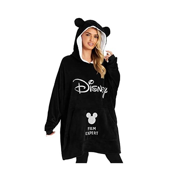 Disney Sweat à Capuche Femme Pull Plaid Oversize en Polaire, Idée Cadeau Femme Minnie Mickey Noir/Rose