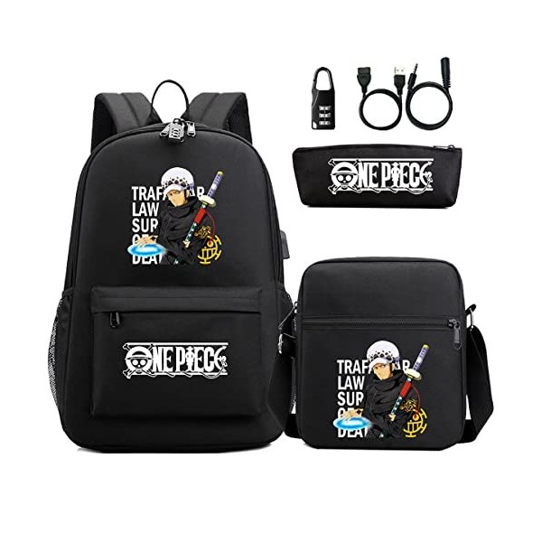 EyezeR Lot de 3 sacs à dos imprimés Trafalgar Law avec sac à bandoulière, trousse à crayons, sac décole, sac de voyage, sacs
