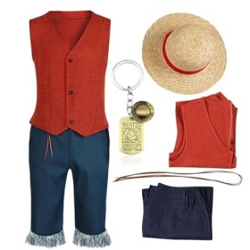 Antsparty Costume Luffy pour homme et adulte - Costume dHalloween avec chapeau de paille - Porte-clé - Pour Halloween et car