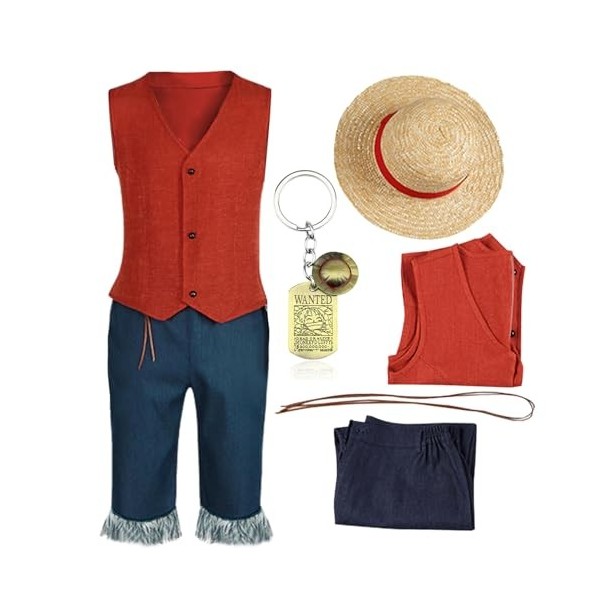 Antsparty Costume Luffy pour homme et adulte - Costume dHalloween avec chapeau de paille - Porte-clé - Pour Halloween et car