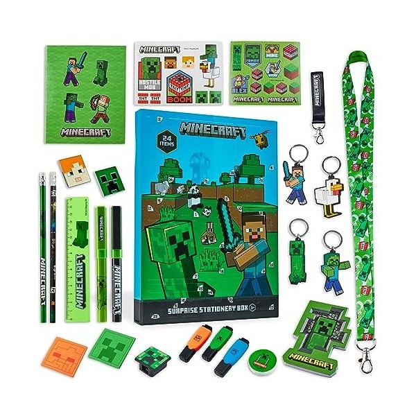 Minecraft Calendrier de lAvent 2023 Enfant 24 Surprises Papeterie Jouet Stickers Advent Calendar Officiel Vert Cube 