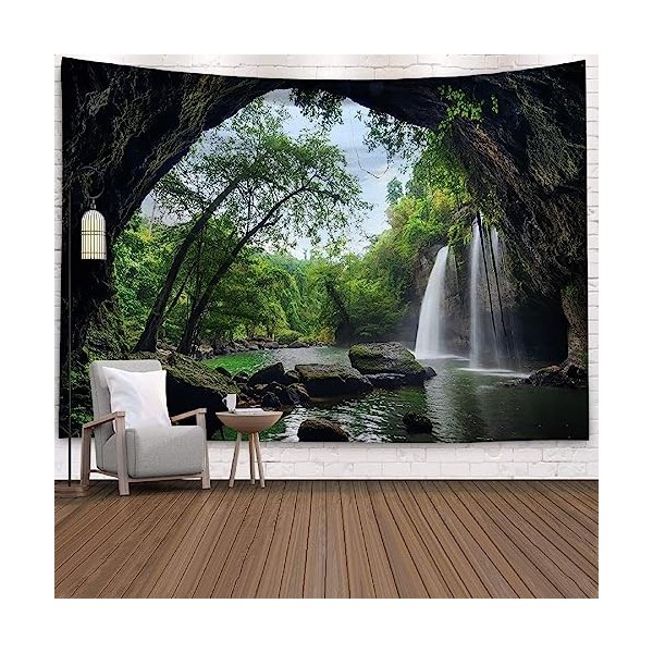 Wycian Tapisserie Verte, Tenture Murale Foret Eau Cascade Tapisserie Murale Nature Tenture Murale Nature Lac Trou Paysage Mon