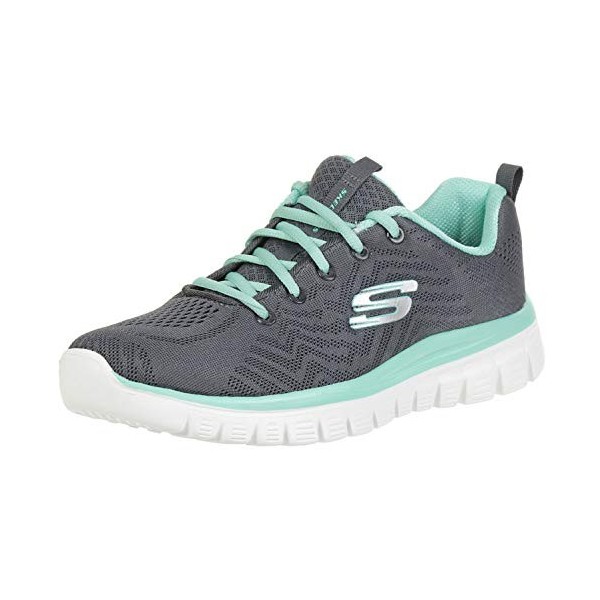 Skechers Femme Graceful-Get Connected Baskets, Charcoal Mesh Vert Trim, 38 EU