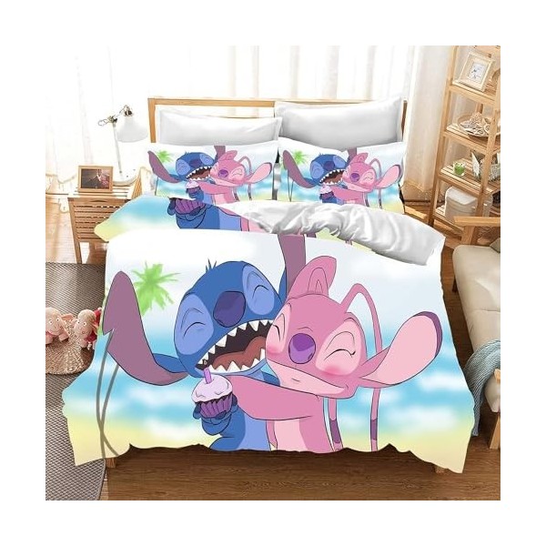Anime Stitch Housse de Couette 220x240, Parure de lit 3D en Microfibre avec Housse de Couette et taie doreiller pour Enfant 