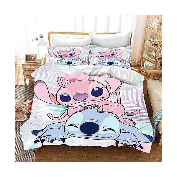 Anime Stitch Housse de Couette 220x240, Parure de lit 3D en Microfibre avec Housse de Couette et taie doreiller pour Enfant 