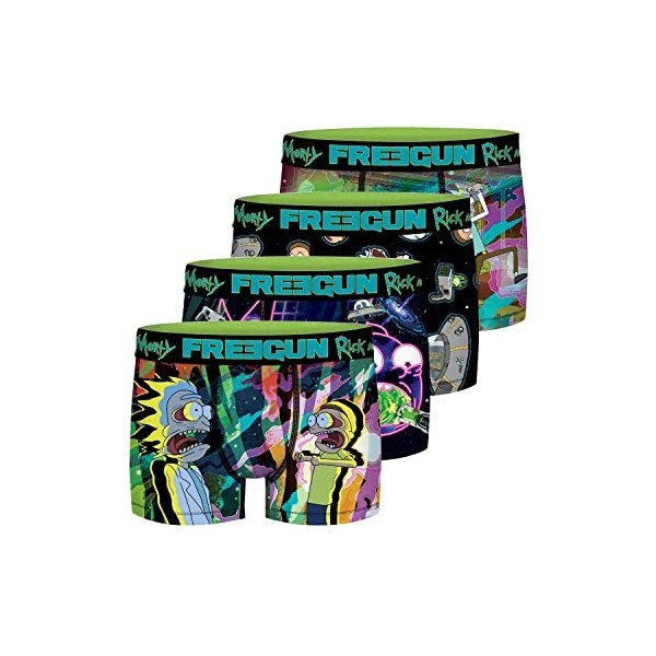 Caleçon Homme Multi-Sport, Boxer Homme, Rick and Morty, Maintien Anti-Glisse et Doux Lot de 4 , Vert, Turquoise, Rose, Noir,