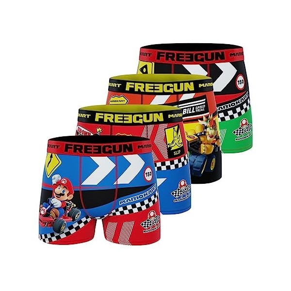 FREEGUN Boxer Enfant Mario Kart, Caleçon Garçon Mario, Donkey Kong, Bowser Lot de 4 , Noir, Bleu, Jaune, Blanc, Taille 14/16