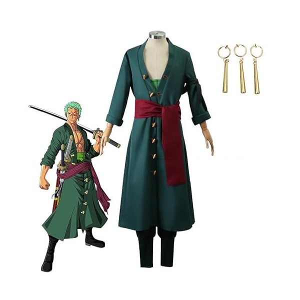 Roronoa Zoro Costume de cosplay avec perruque verte, après 2 ans Wano Country Zorro vert Kimono Costumes, manteau, pantalon, 