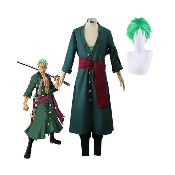 Roronoa Zoro Costume de cosplay avec perruque verte, après 2 ans Wano Country Zorro vert Kimono Costumes, manteau, pantalon, 