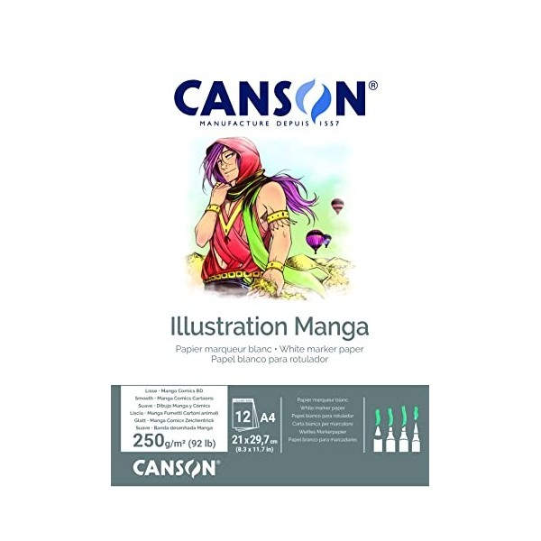 CANSON Illustration - Bloc 12 feuilles de papier illustration, BD, Manga - A4 - 250g/m² - Blanc