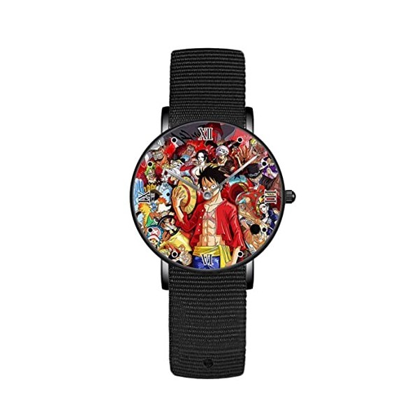 Anime One Piece Hommes et Femmes Montre en Acier Inoxydable Cadran Noir Montre Quartz Bracelet Nylon, Noir , Sangle