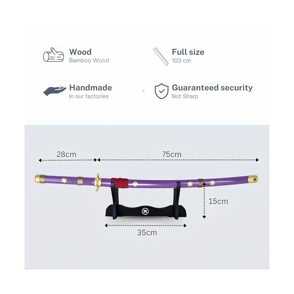 Hashiman - Katana One Piece - Roronoa Zoro Enma - Réplique Manga Sabre + Support dEpée Bois + Ceinture