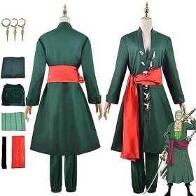 SZYDM Anime One Piece Roronoa Zoro Cosplay Tenue, robe verte cape pantalon boucles doreilles ensemble complet Halloween fête