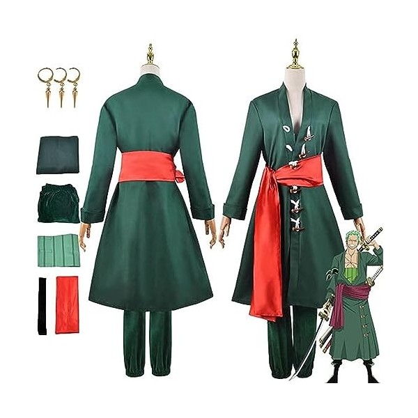 SZYDM Anime One Piece Roronoa Zoro Cosplay Tenue, robe verte cape pantalon boucles doreilles ensemble complet Halloween fête