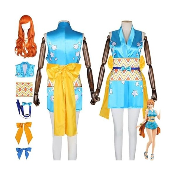 DJFOG Anime One Piece Wano Country Nami Cosplay Costume avec perruques pour femmes filles, jeu de rôle uniforme robes perruqu