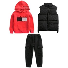 amropi Garçon Survêtement Sweat à Capuche et Gilet Haut et Pantalon 3 Pièces Vêtements Ensemble Kaki Noir, 3-4 Jahre