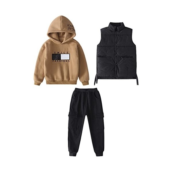 amropi Garçon Survêtement Sweat à Capuche et Gilet Haut et Pantalon 3 Pièces Vêtements Ensemble Kaki Noir, 3-4 Jahre