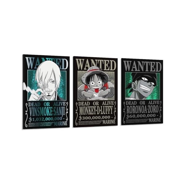 Poster One Piece Wanted Zoro Sanji Luffy - Impression sur toile - Affiches dœuvres dart - Esthétique - 20 x 30 cm