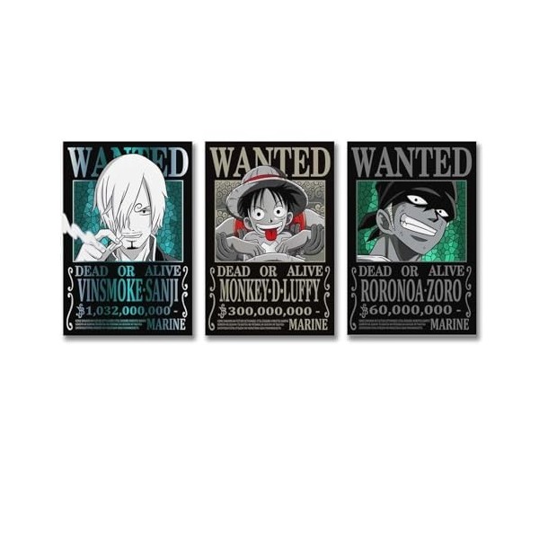 Poster One Piece Wanted Zoro Sanji Luffy - Impression sur toile - Affiches dœuvres dart - Esthétique - 20 x 30 cm