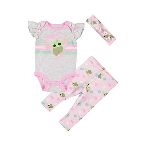 Star Wars Baby Yoda Girls One Piece Bodysuit Jogging Pants and Matching Headband 3 Piece Set, Grey/Pink/Green, 6-9 Months
