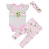Star Wars Baby Yoda Girls One Piece Bodysuit Jogging Pants and Matching Headband 3 Piece Set, Grey/Pink/Green, 6-9 Months