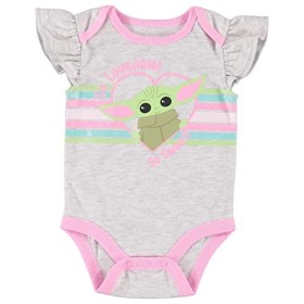 Star Wars Baby Yoda Girls One Piece Bodysuit Jogging Pants and Matching Headband 3 Piece Set, Grey/Pink/Green, 6-9 Months