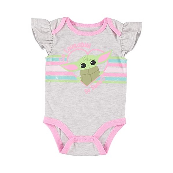 Star Wars Baby Yoda Girls One Piece Bodysuit Jogging Pants and Matching Headband 3 Piece Set, Grey/Pink/Green, 6-9 Months