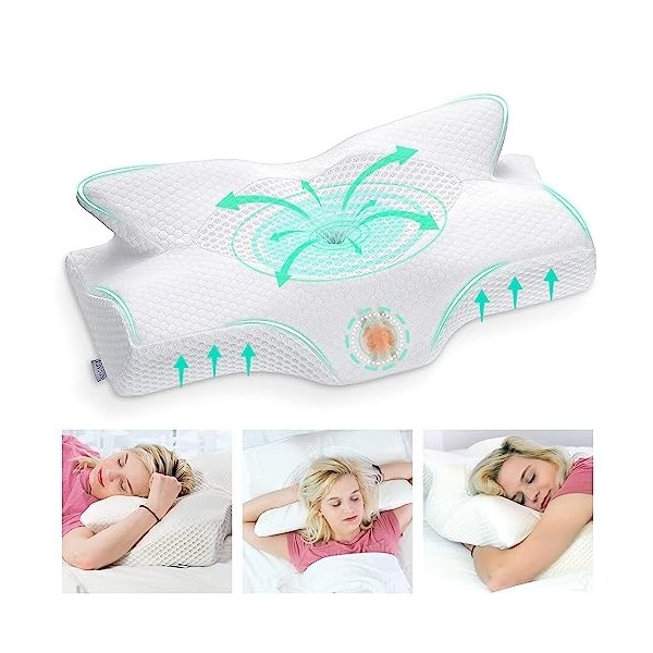 Elviros Oreillers à Mémoire de Forme, Oreillers Ergonomiques pour la Nuque, Oreiller Ergonomique Forme Orthopédique Anti Doul