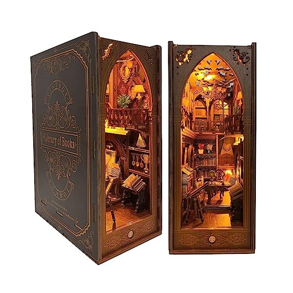 DIY Book Nook Kit – Maison de poupée Miniature en Bois avec Meubles et lumière LED, Puzzle 3D en Bois, Serre-Livres dart, Ki