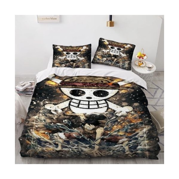 KAZIO Manga One Piece Housse De Couette Parure De Lit 3 Pièces Microfibre Brossée Douce Et Taie doreiller 200x200cm+50x75cm
