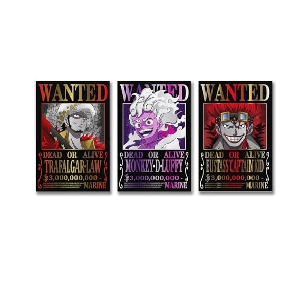 Poster One Piece Wanted sur toile représentant Eustass Luffy Law - Décoration murale - 40 x 60 cm