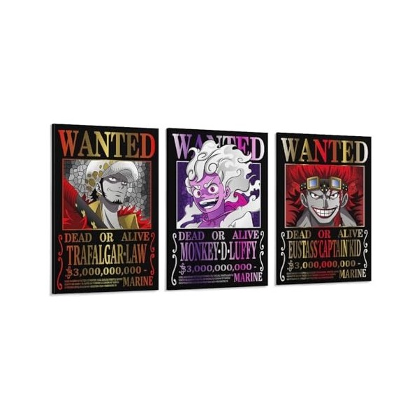 Poster One Piece Wanted sur toile représentant Eustass Luffy Law - Décoration murale - 40 x 60 cm